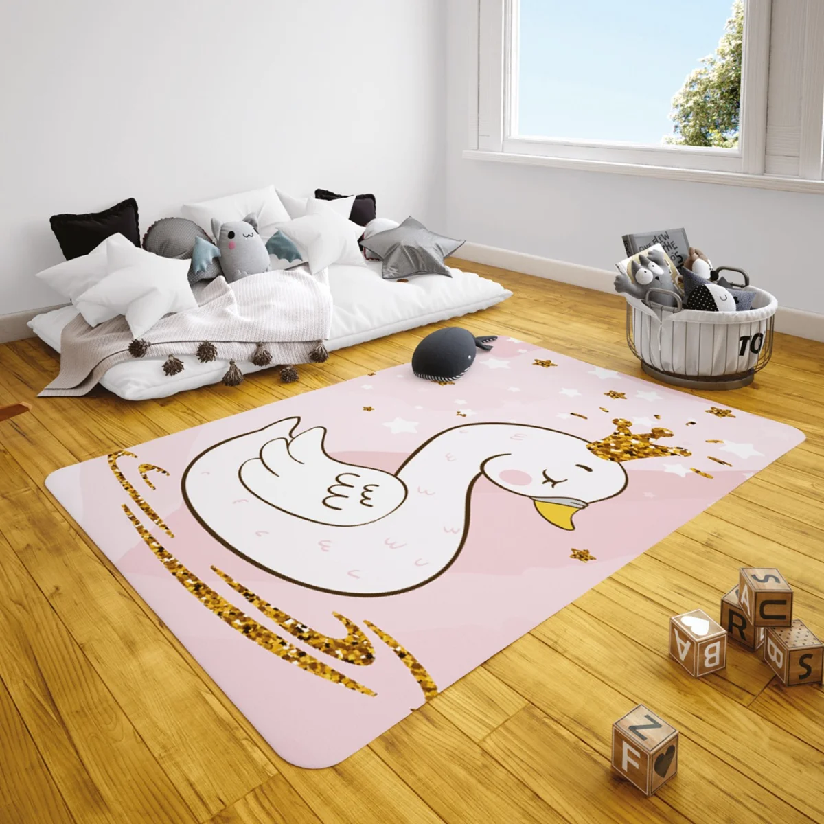 Kuğu Çocuk Halısı | Lila Taçlı kuğu, yıldızlar Desenli