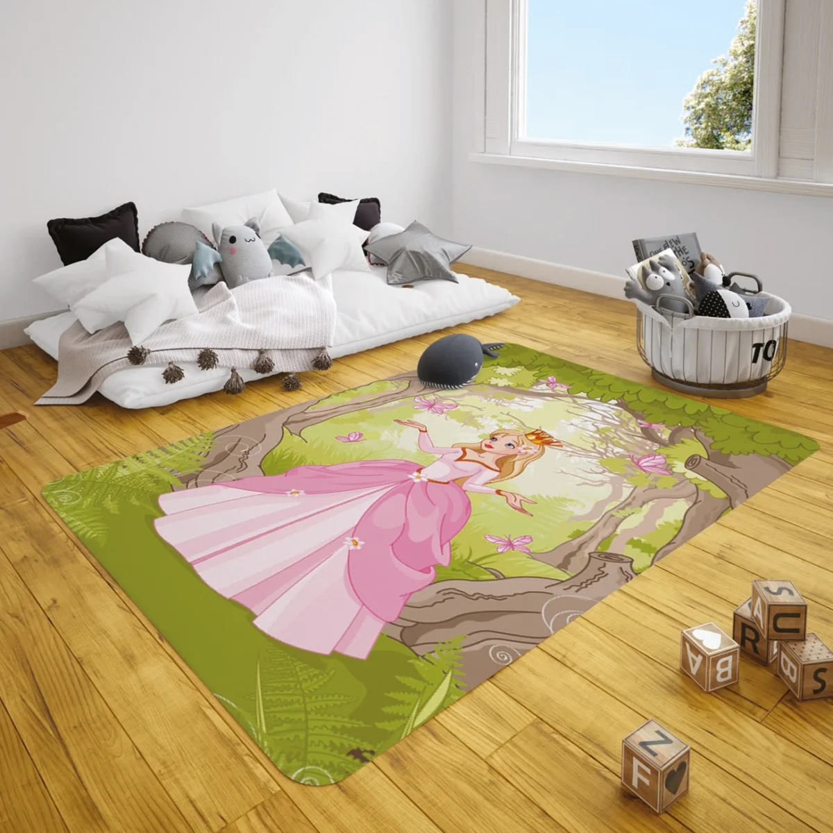 Prenses Çocuk Halısı | Yeşil Kelebekler, ağaçlar Desenli