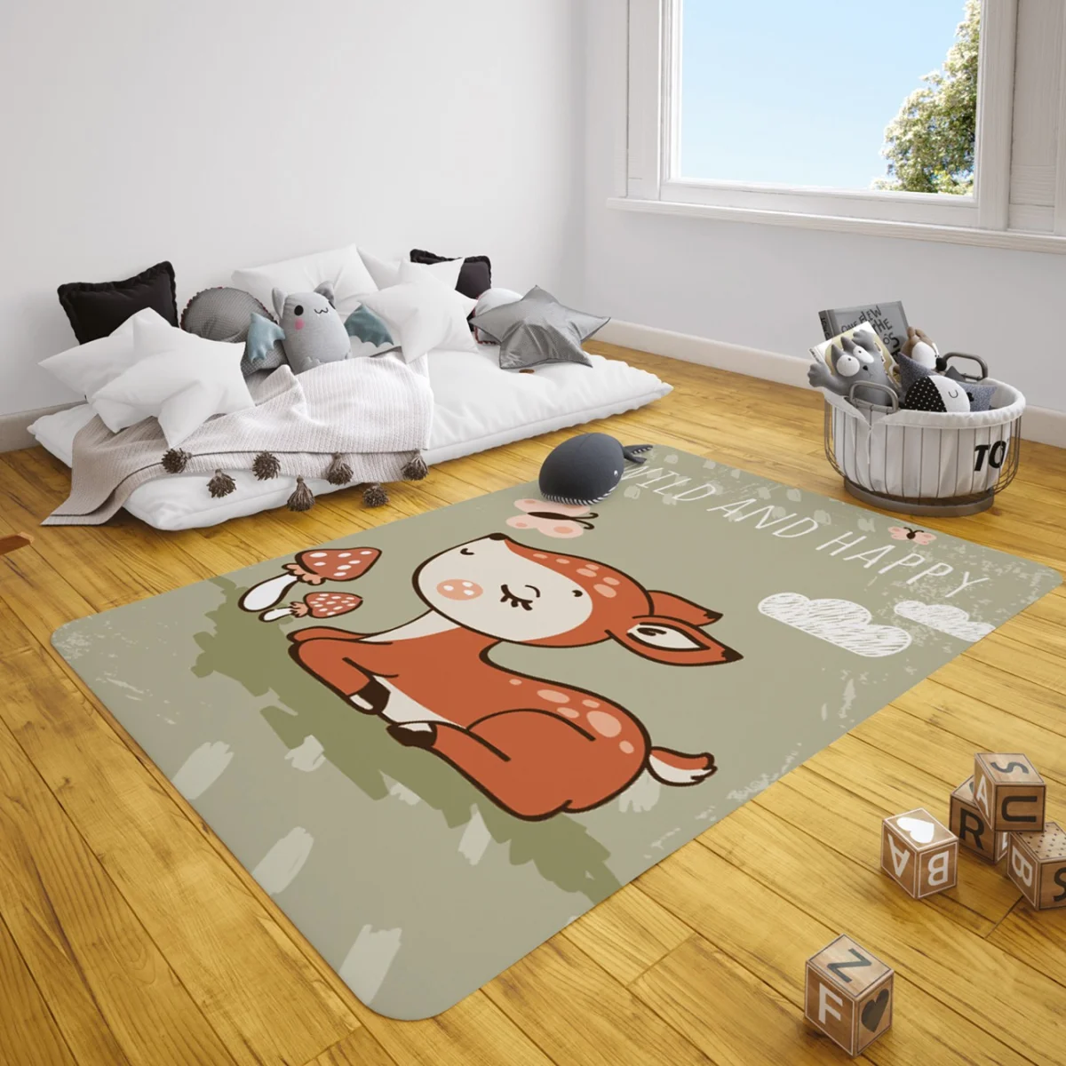 Orman Hayvanları Çocuk Halısı | Yeşil kelebekler, bulutlar Desenli