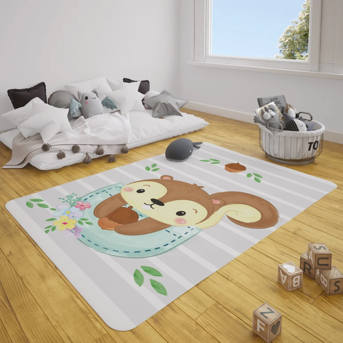 Orman Hayvanları Çocuk Halısı | Mavi yapraklar, çiçekler Desenli