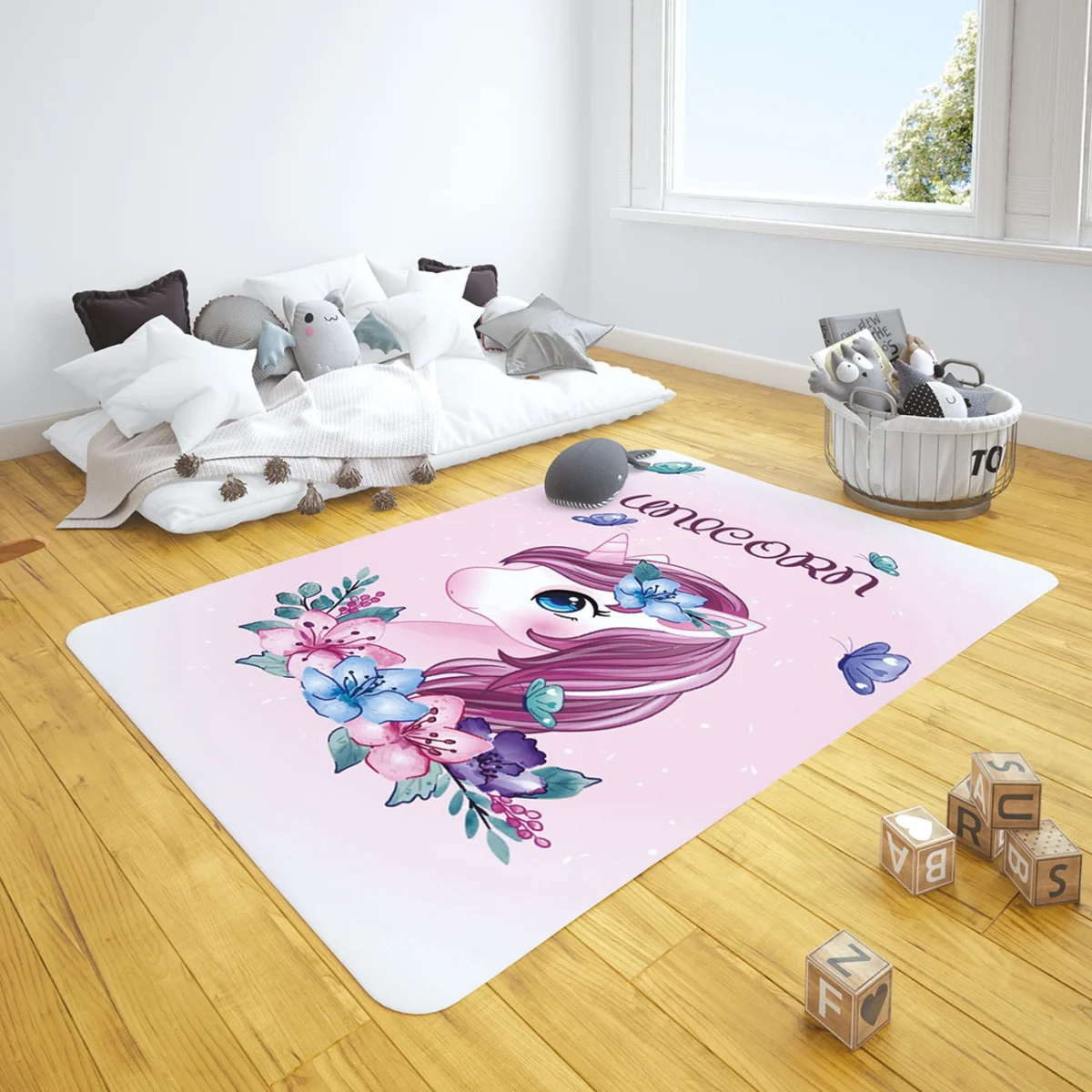 Unicorn Çocuk Halısı | Pembe çiçekler, kelebekler Desenli