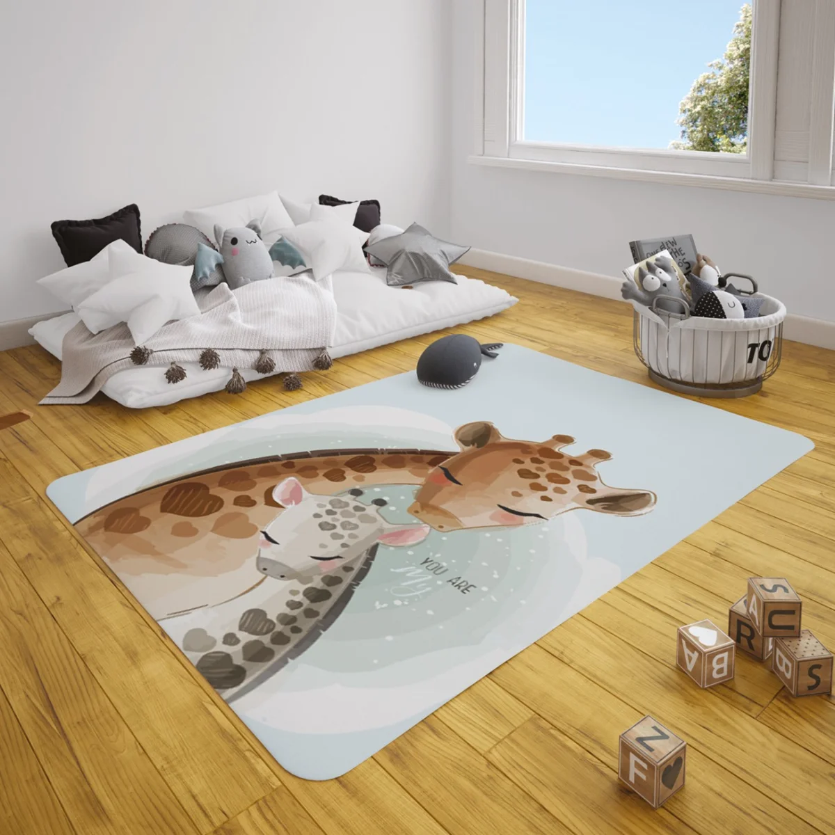 Zürafa Çocuk Halısı | Mavi kalp lekeler, bulutlar Desenli