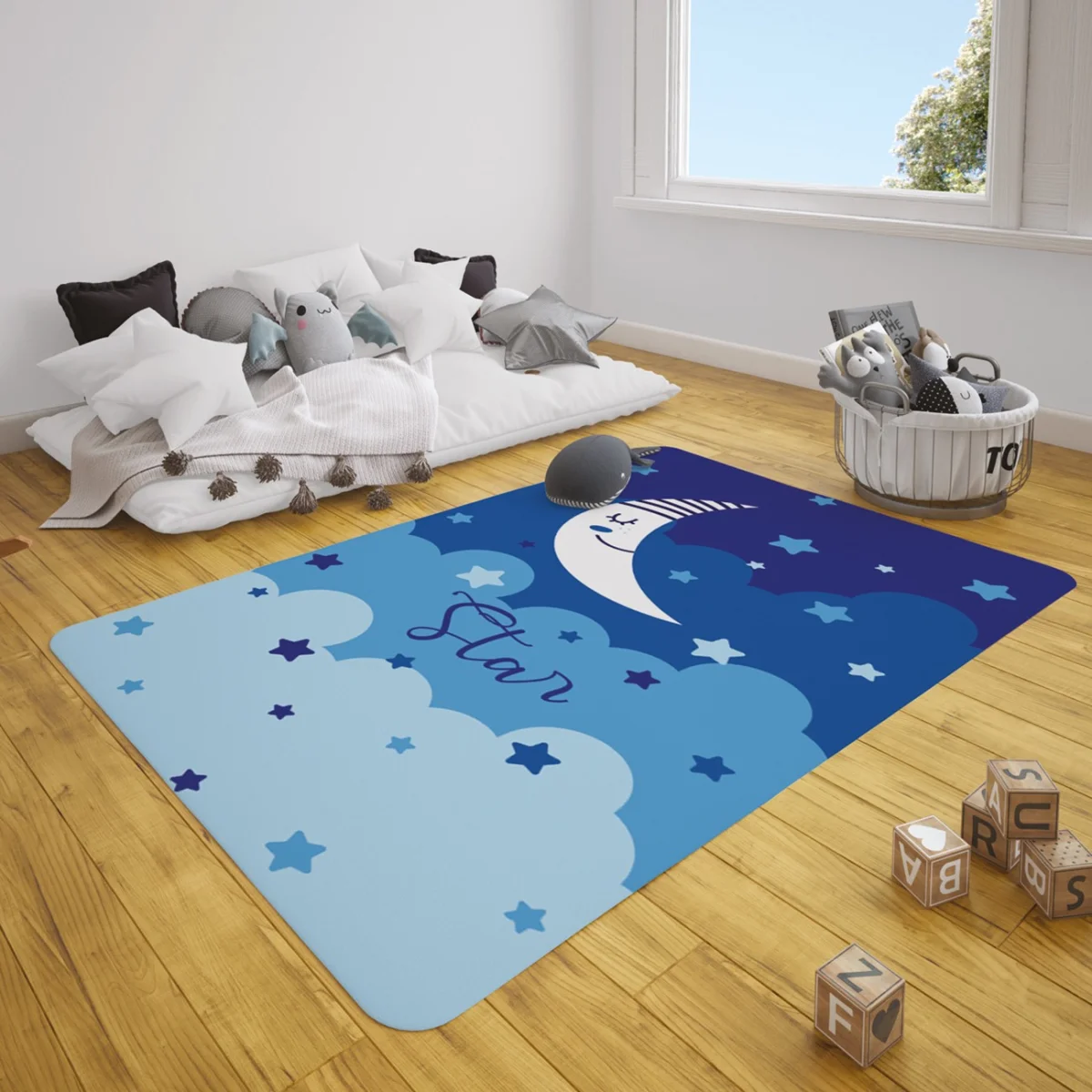 Ay ve Yıldızlar Çocuk Halısı | Mavi Yıldız, bulut Desenli