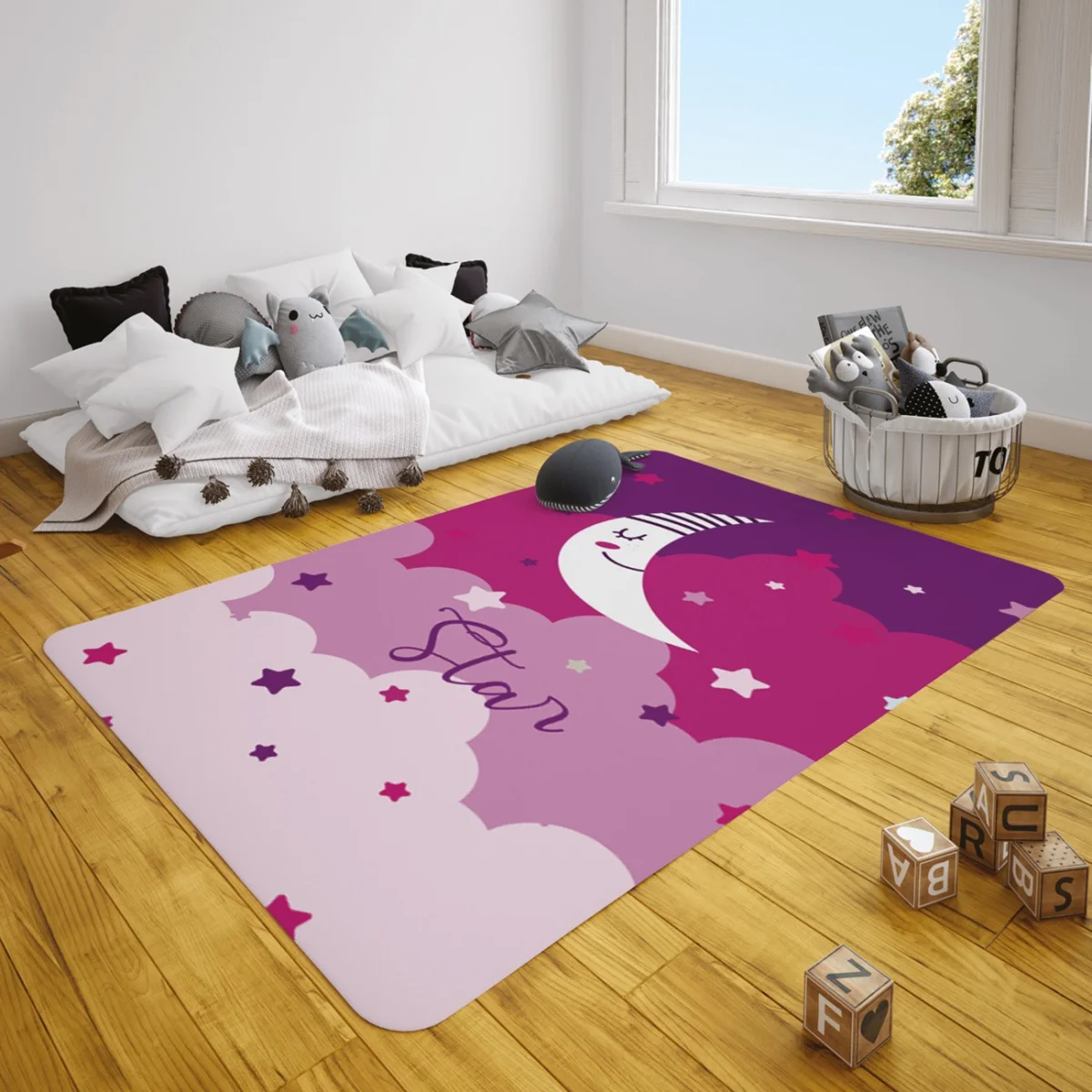 Ay ve Yıldızlar Çocuk Halısı | Pembe uyuyan ay, yıldızlar Desenli