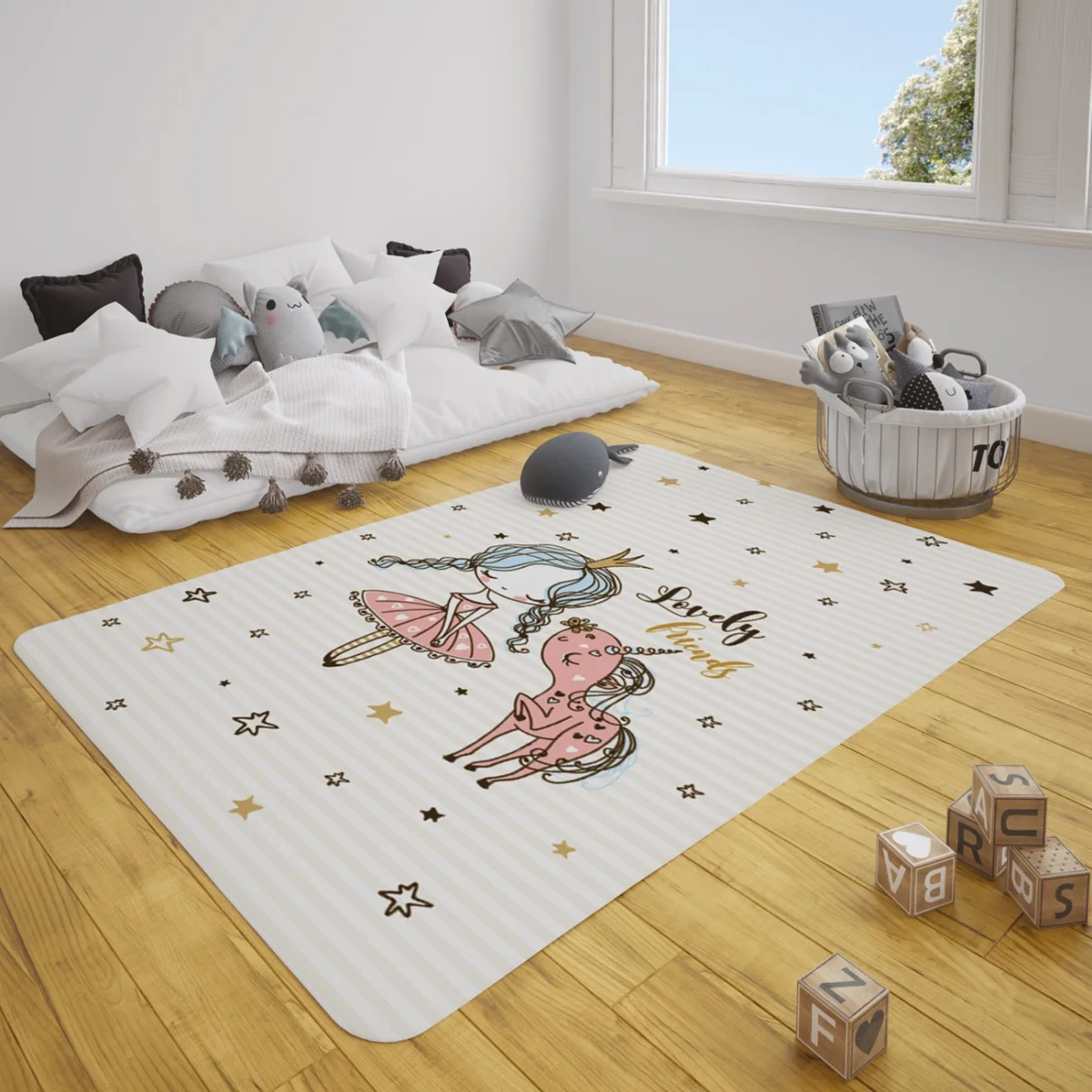 Prenses ve Unicorn Çocuk Halısı | Beyaz yıldız, çizgili zemin Desenli
