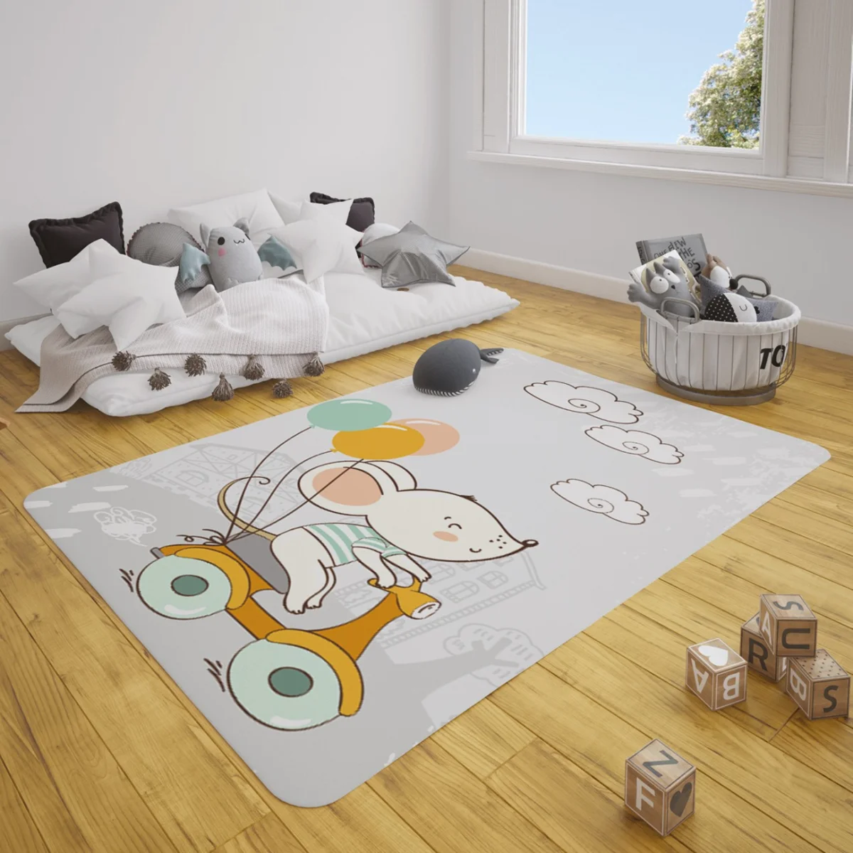 Fare, Scooter, Balonlar Çocuk Halısı | Açık Gri bulut, balonlar Desenli
