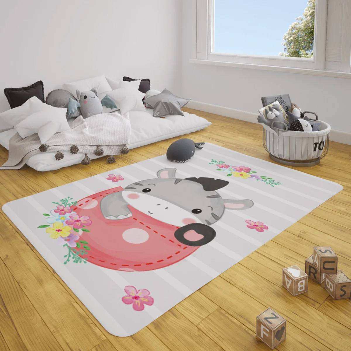 Zebra Çocuk Halısı | Gri Çizgili zemin, renkli çiçekler Desenli