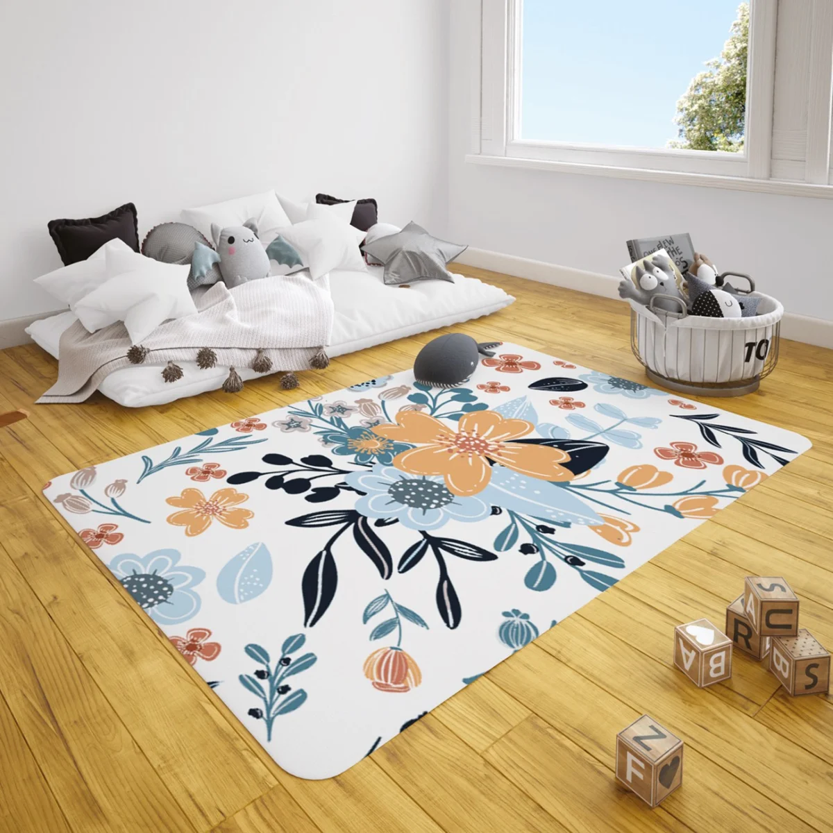 Çiçekler Çocuk Halısı | Beyaz çiçek çelenkleri, yapraklar Desenli
