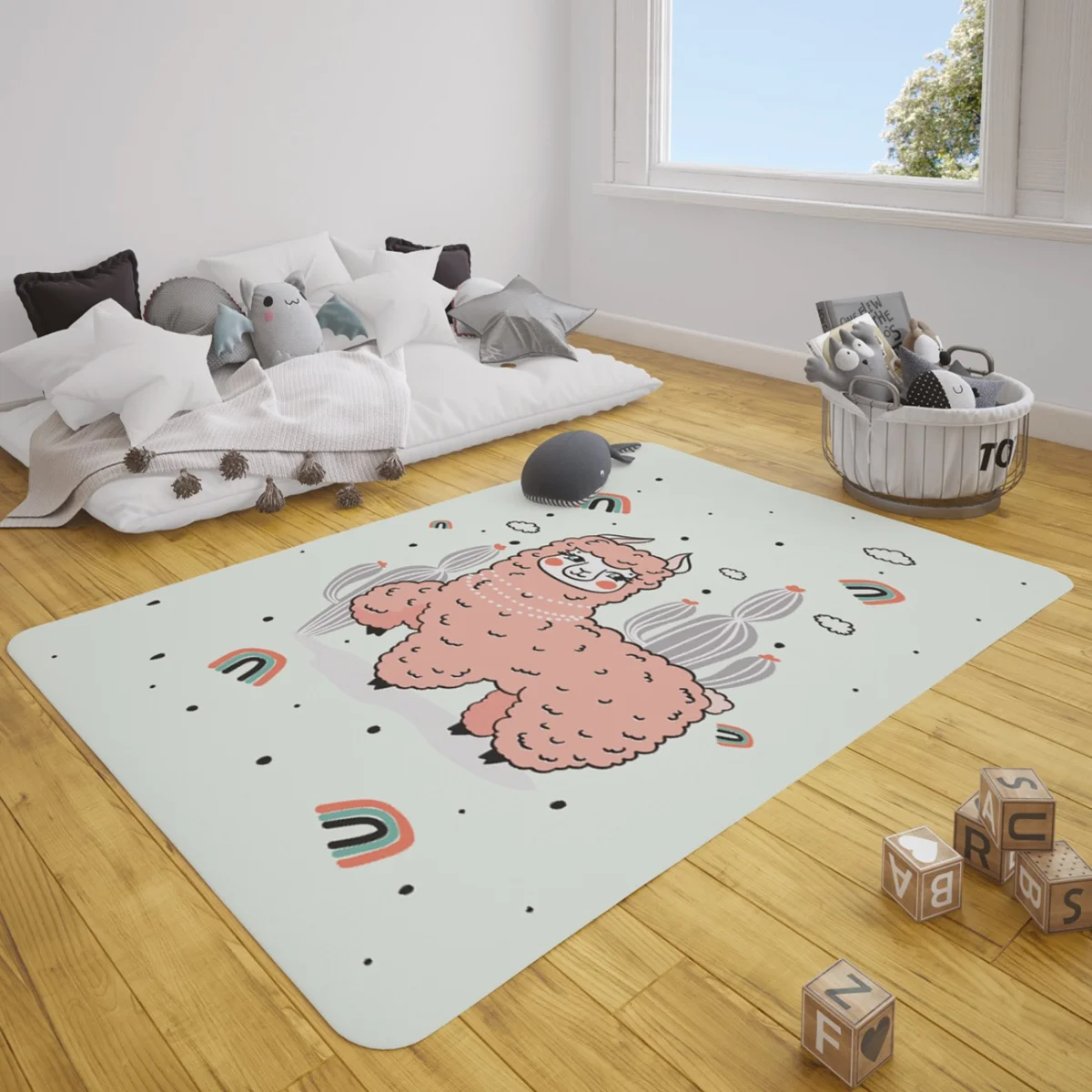 Lama Çocuk Halısı | Açık Mavi Gökkuşağı, bulutlar Desenli