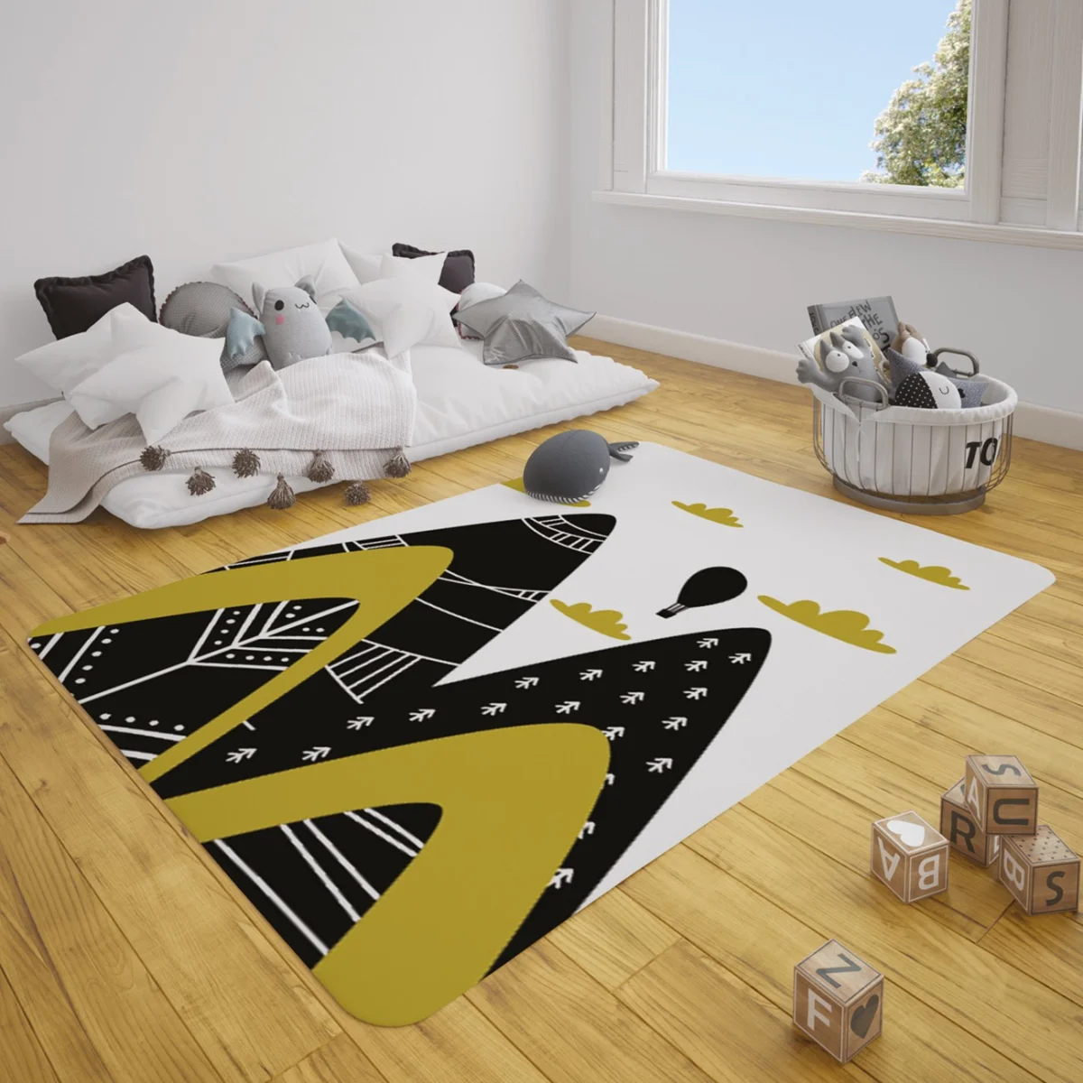 Dağ Manzarası ve Balonlar Çocuk Halısı | Beyaz Balonlar, bulutlar Desenli