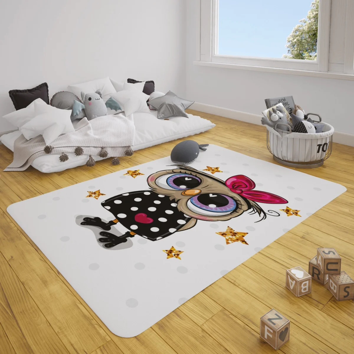 Sevimli Baykuş Çocuk Halısı | Beyaz yıldız, puantiye Desenli