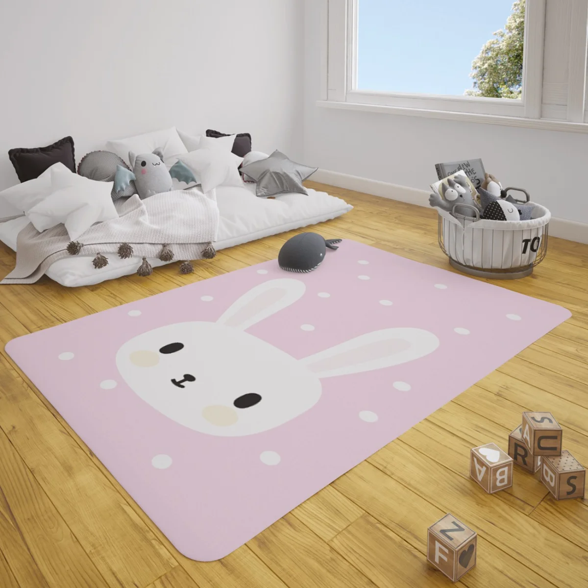 Tavşanlar Çocuk Halısı | Pembe puantiye Desenli