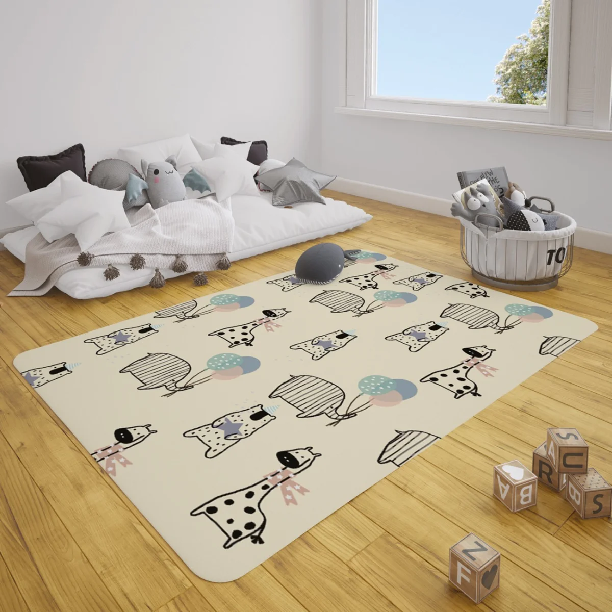 Orman Hayvanları Çocuk Halısı | Bej balonlar, parti şapkaları Desenli