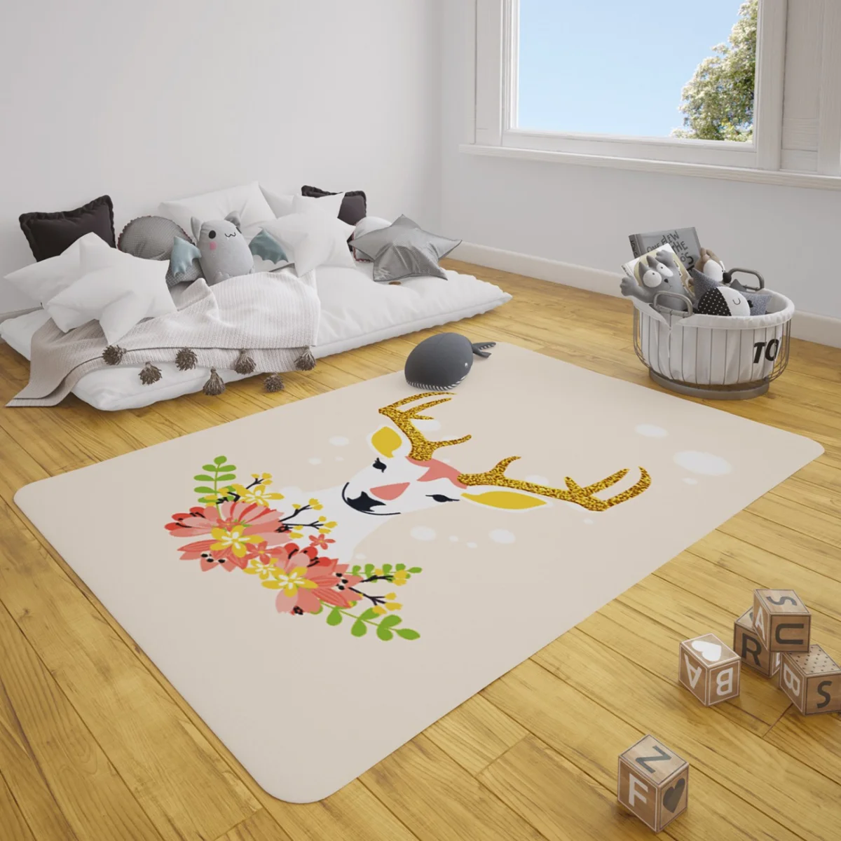 Geyik Çocuk Halısı | Pembe simli boynuzlar, çiçekler Desenli