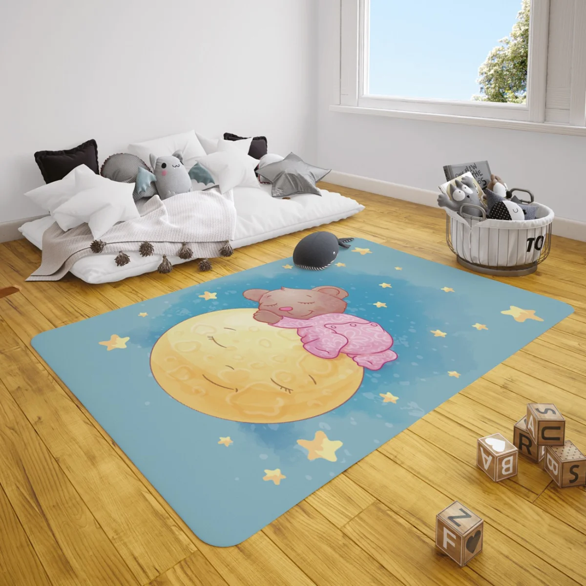 Ayı ve Ay Çocuk Halısı | Mavi yıldızlar, uyuyan ayılar Desenli