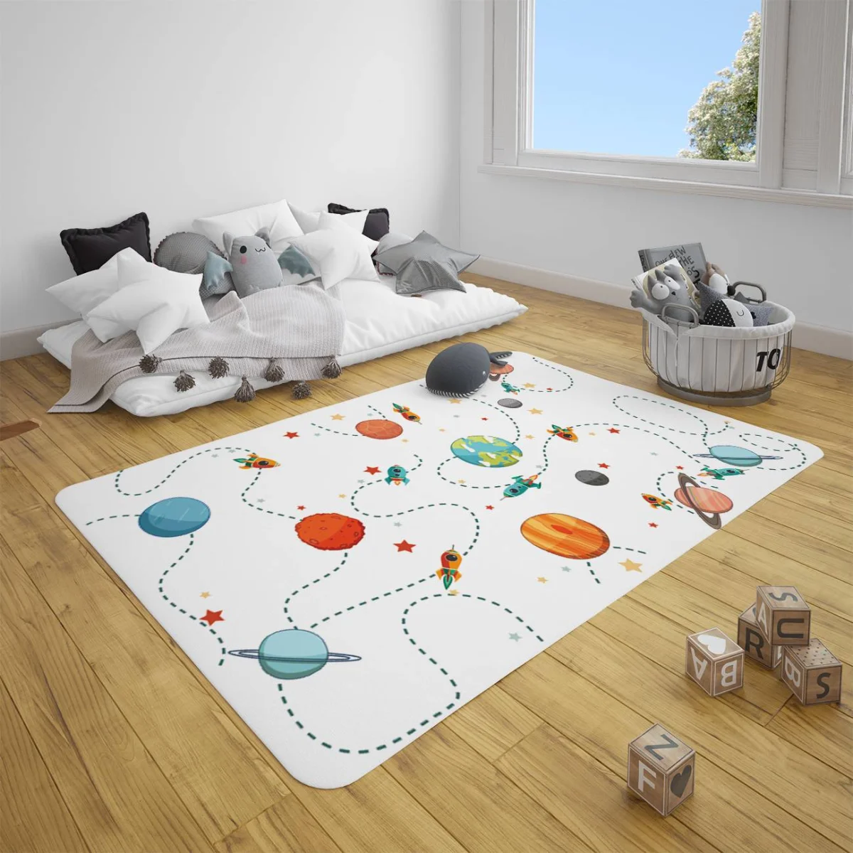 Uzay Çocuk Halısı | Beyaz roketler, gezegenler Desenli