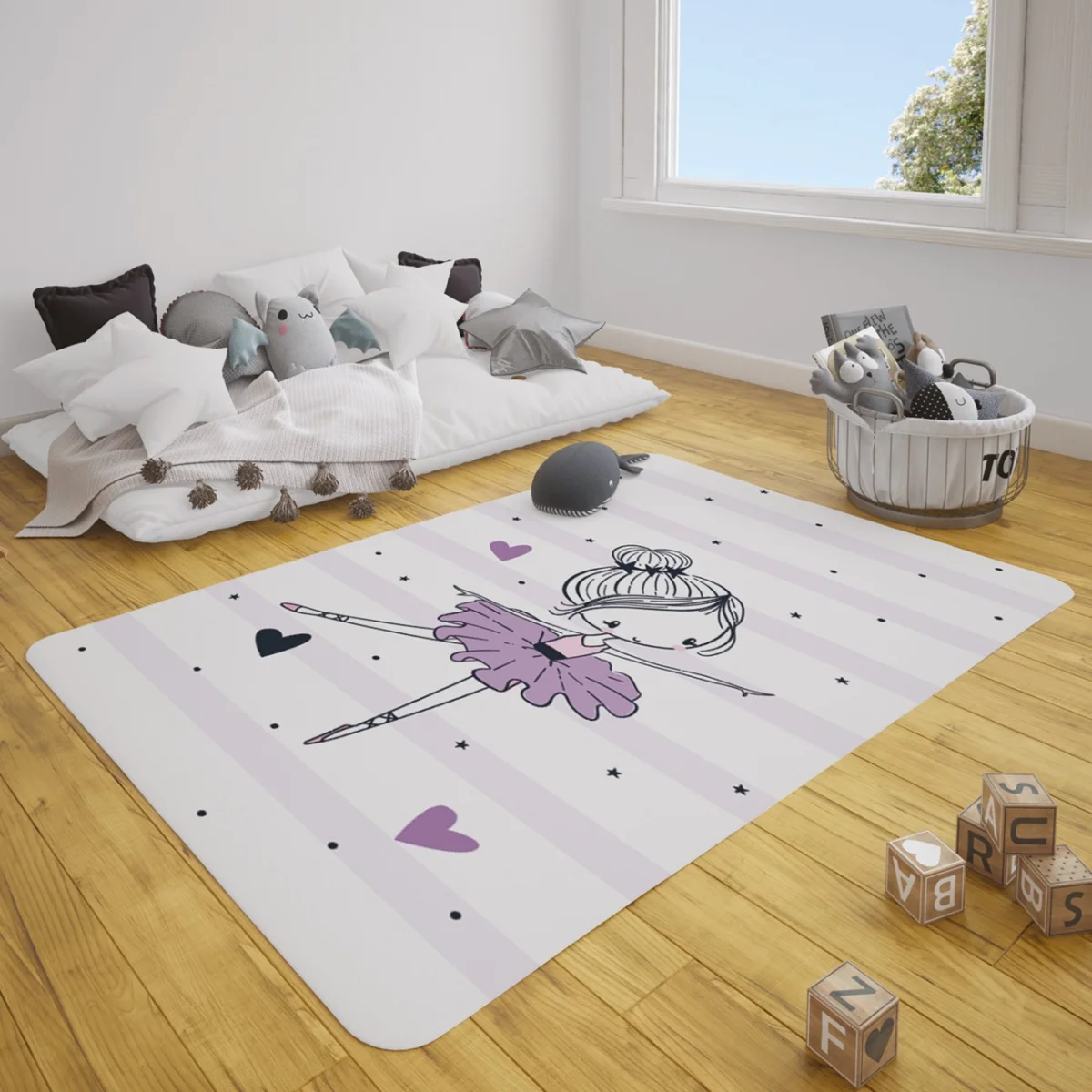 Balerin Çocuk Halısı | Beyaz yıldızlar, kalpler Desenli