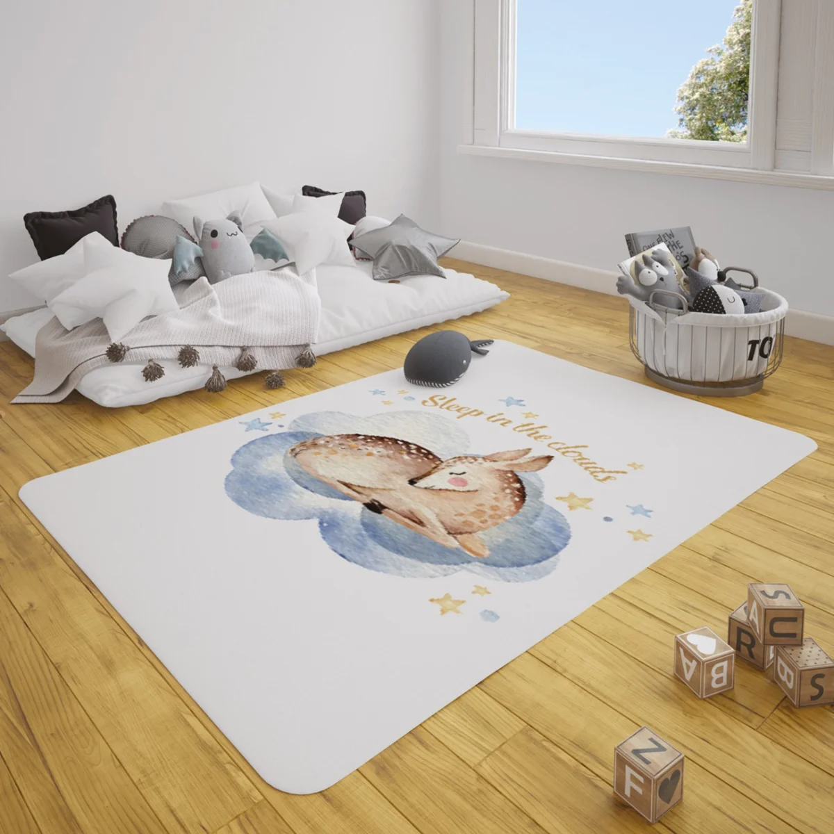Orman hayvanları (Ceylan) Çocuk Halısı | Beyaz Bulut, yıldız Desenli