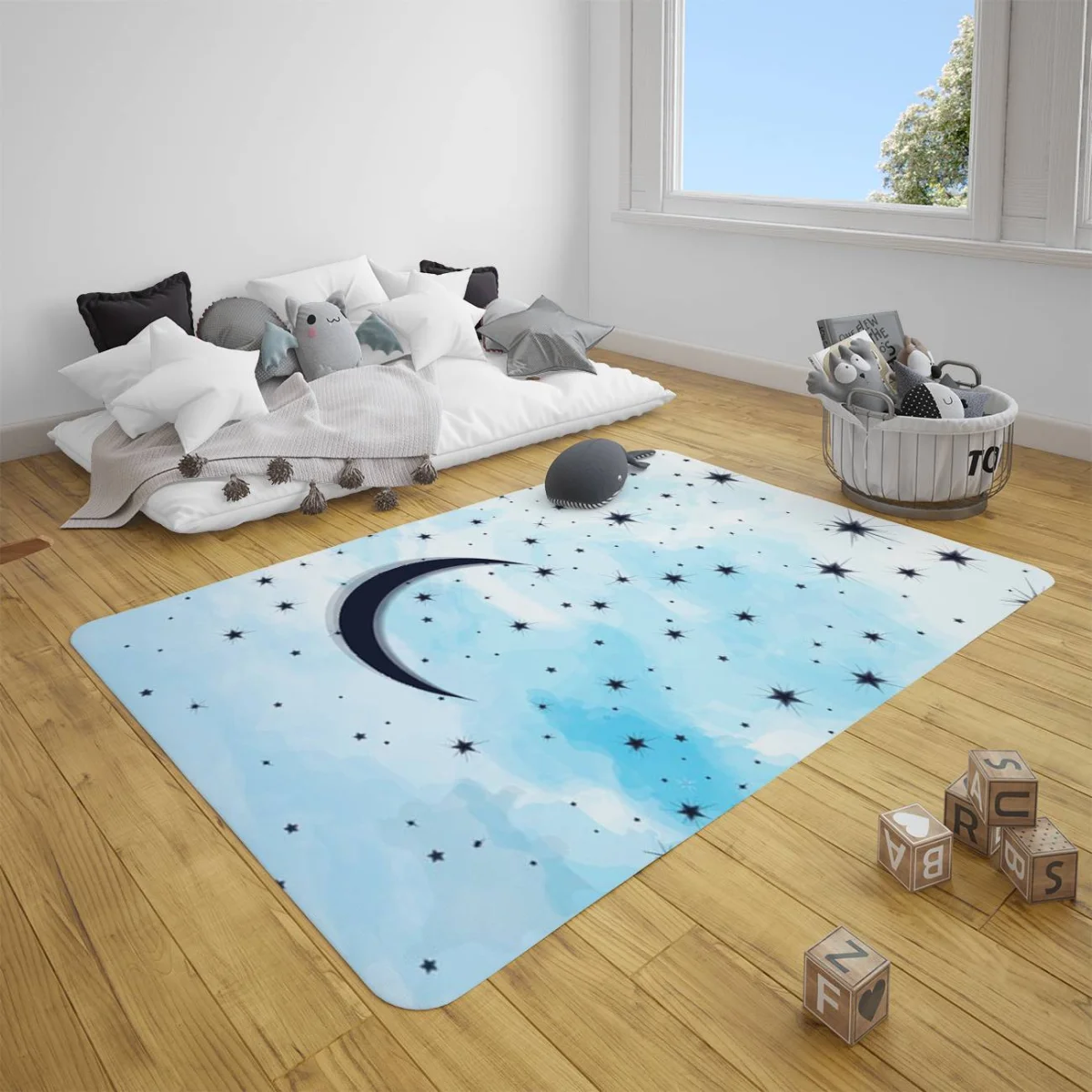 Ay ve Yıldızlar Çocuk Halısı | Mavi yıldızlar, ay Desenli