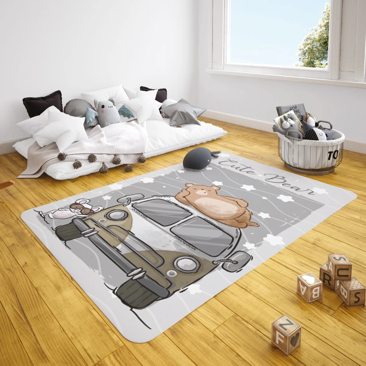 Ayı ve Fare Karakterleri, Karavan Çocuk Halısı | Açık Mavi yıldızlar, dalgalı çizgiler Desenli