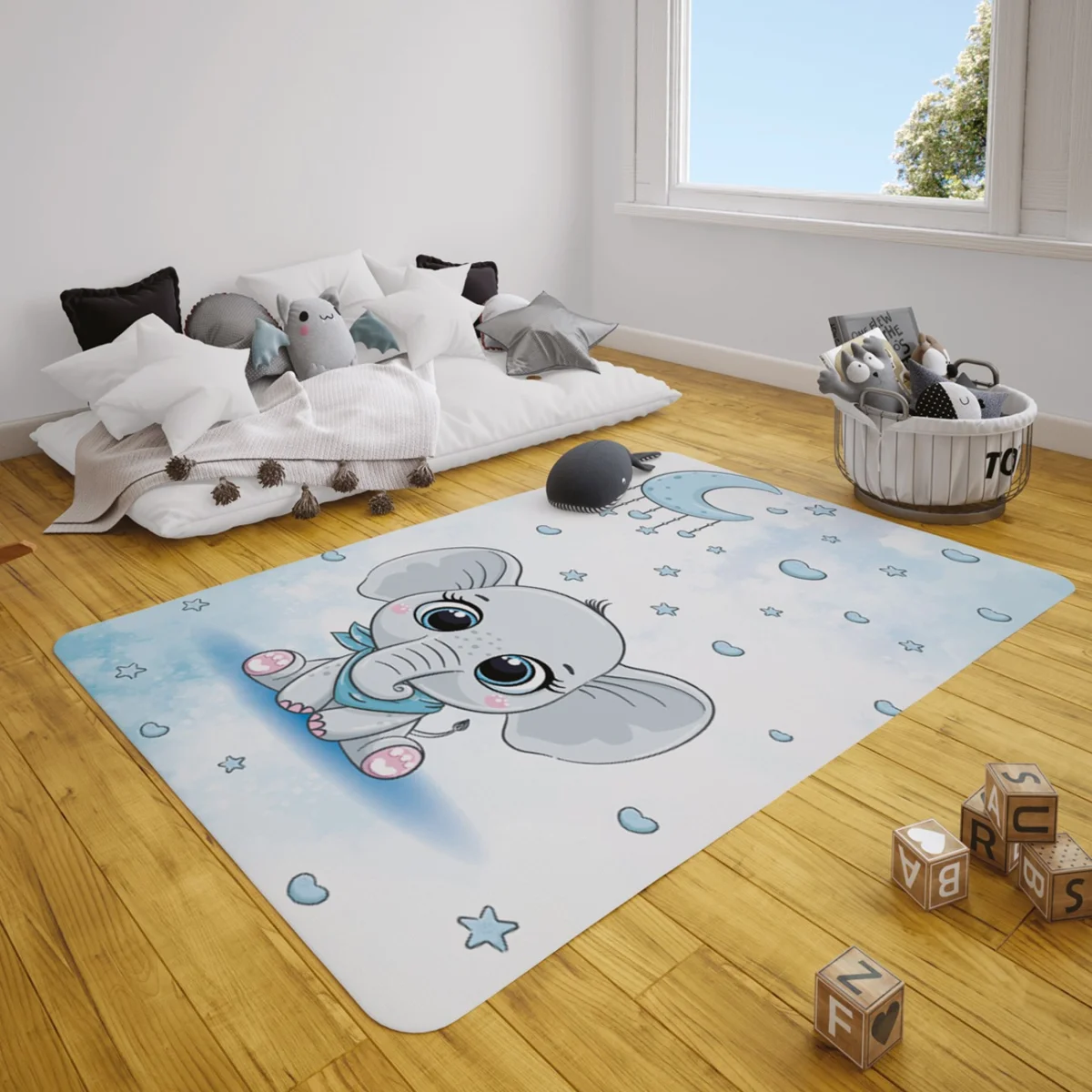 Fil, Ay ve Yıldızlar Çocuk Halısı | Beyaz yıldız, ay Desenli