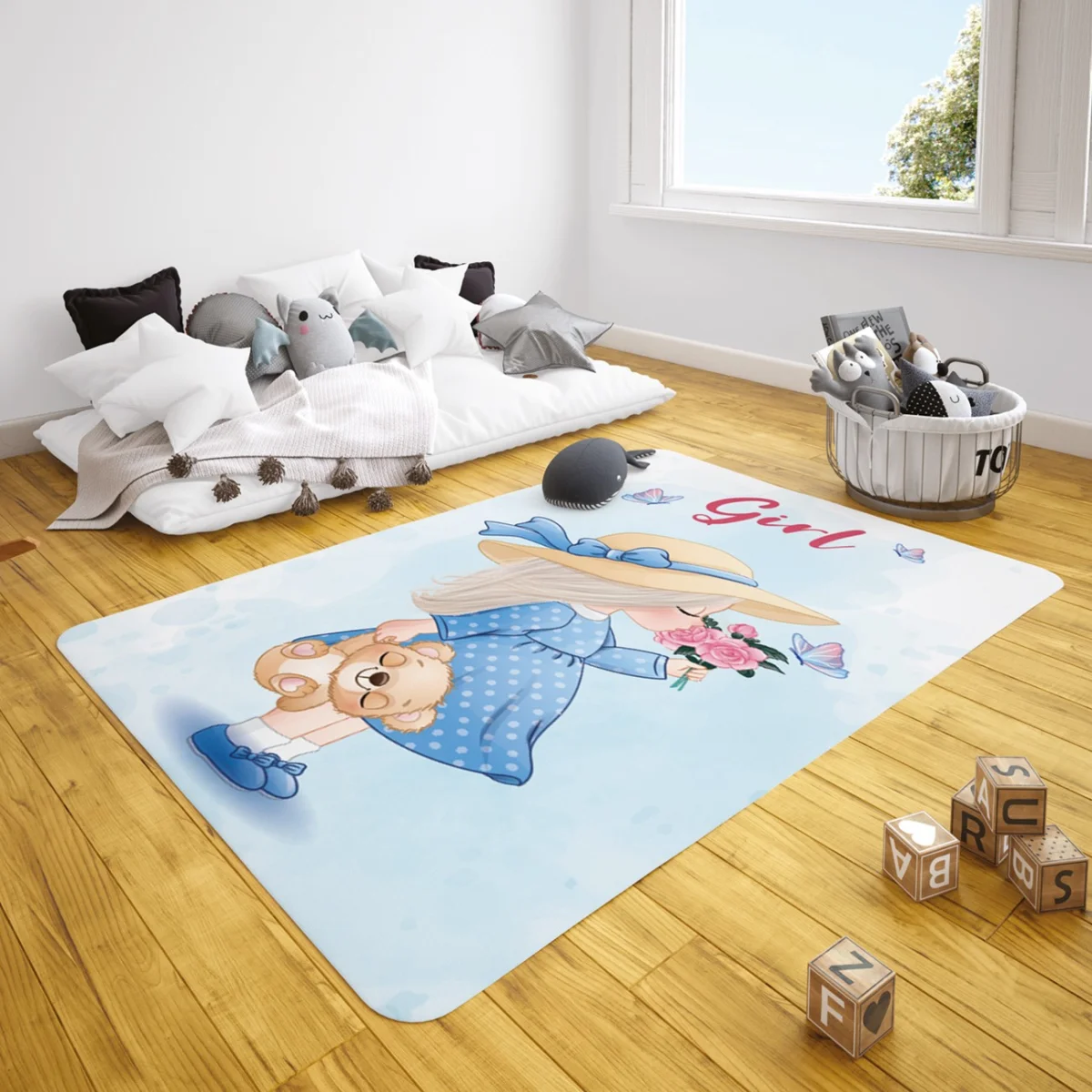 Küçük Kız Çocuk Halısı | Mavi kelebekler, yazılar Desenli