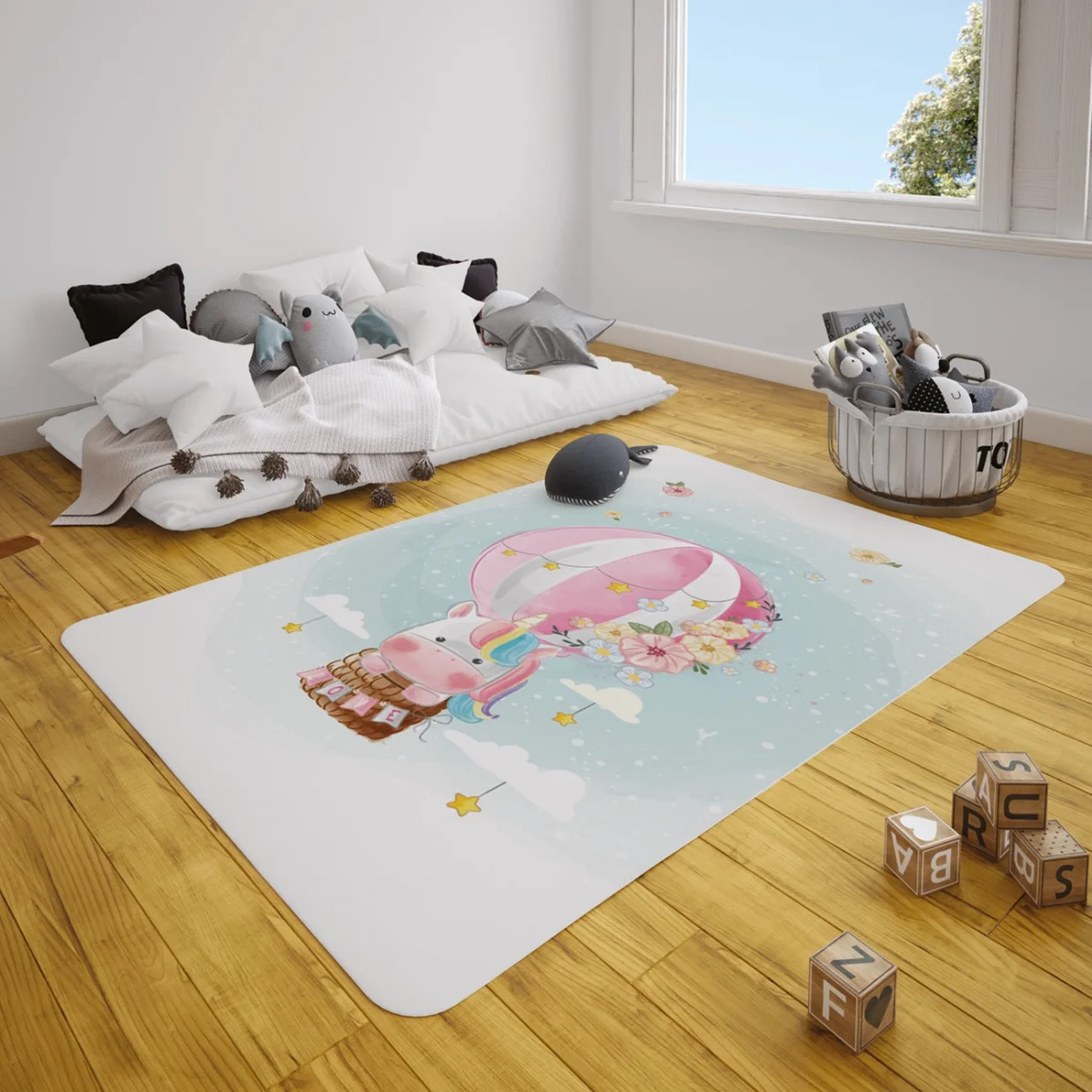 Unicorn Çocuk Halısı | Mavi sıcak hava balonu, bulut Desenli