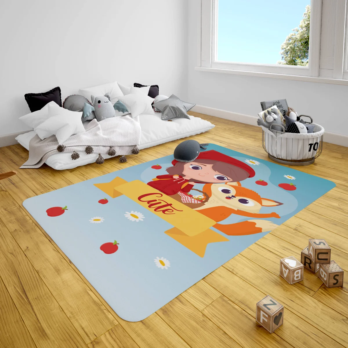 Kırmızı Başlıklı Kız ve Tilki Çocuk Halısı | Mavi elmalar, papatyalar Desenli