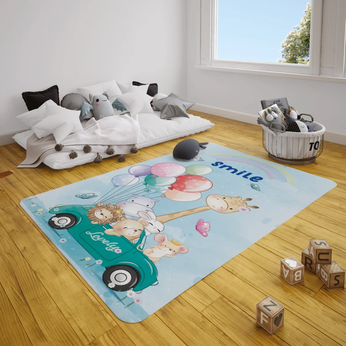 Sevimli Hayvanlar Çocuk Halısı | Mavi Balonlar, araba Desenli
