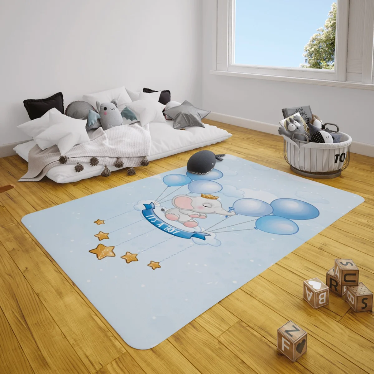 Fil Çocuk Halısı | Mavi balon, bulut Desenli