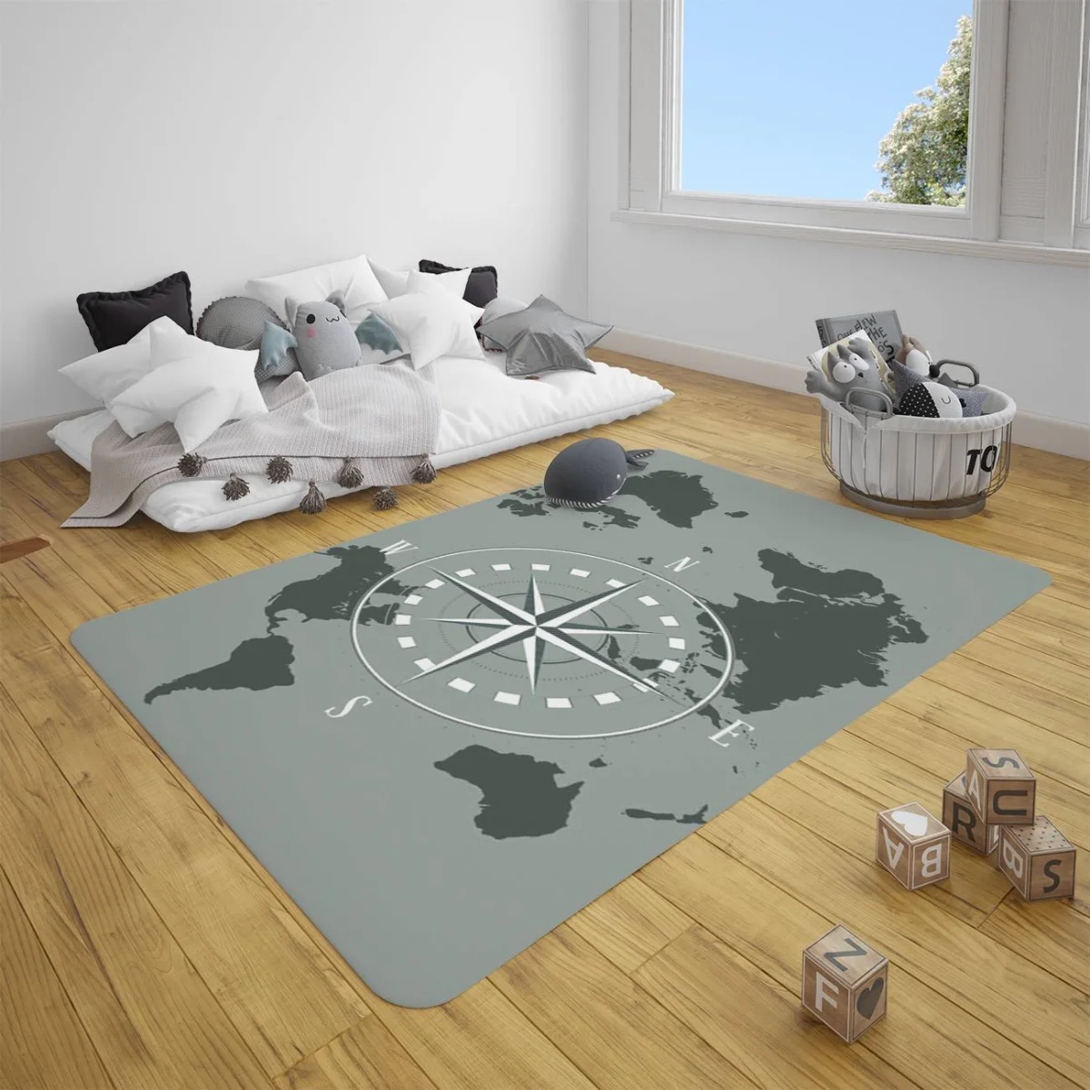Dünya Haritası, Pusula Çocuk Halısı | Yeşil dünya haritası, pusula Desenli