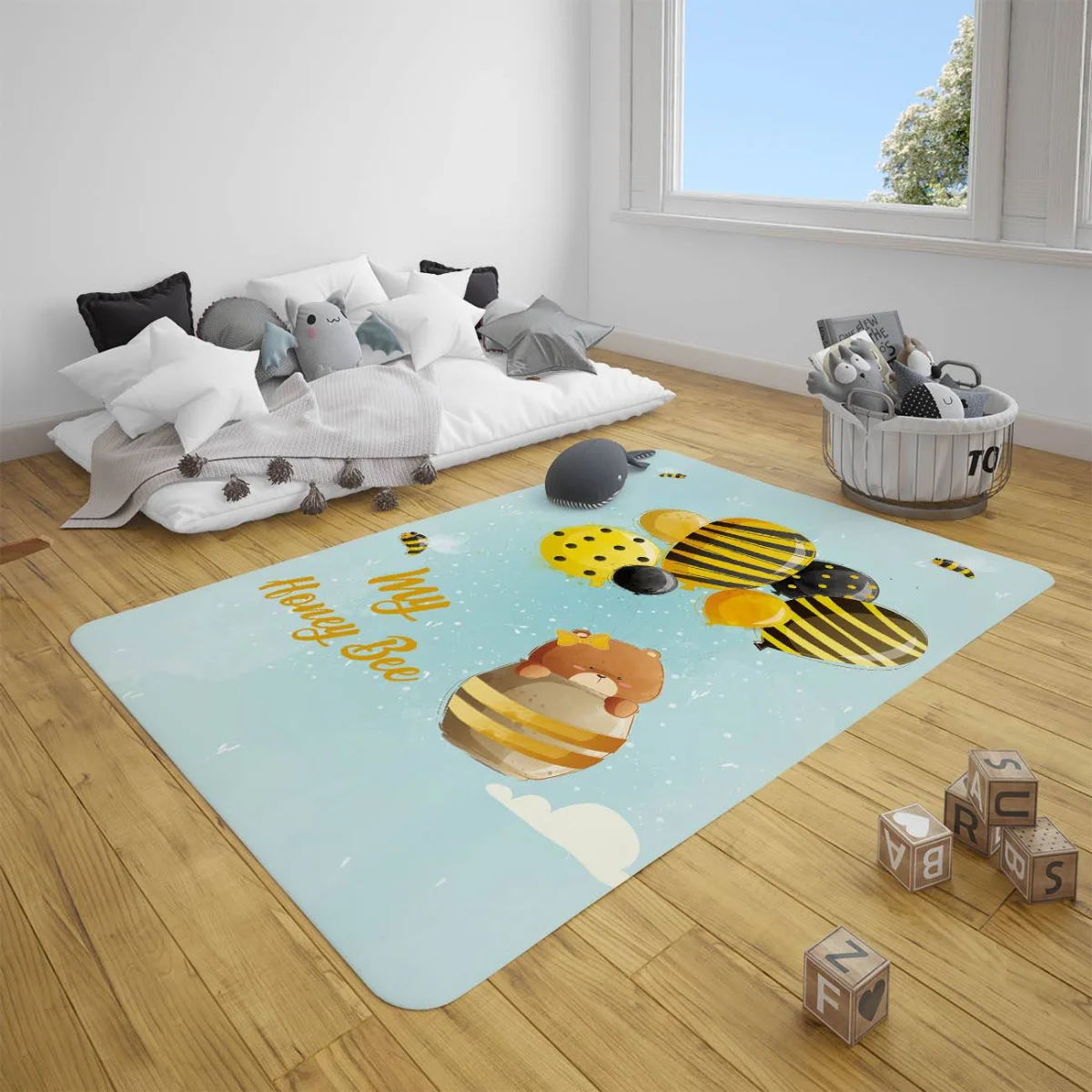 Bal Arısı ve Ayıcık Çocuk Halısı | Açık Mavi balon, bulut Desenli
