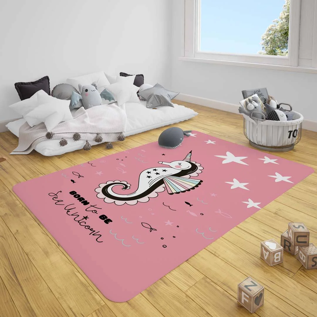 Deniz Unicornu Çocuk Halısı | Pembe yıldız, balık Desenli
