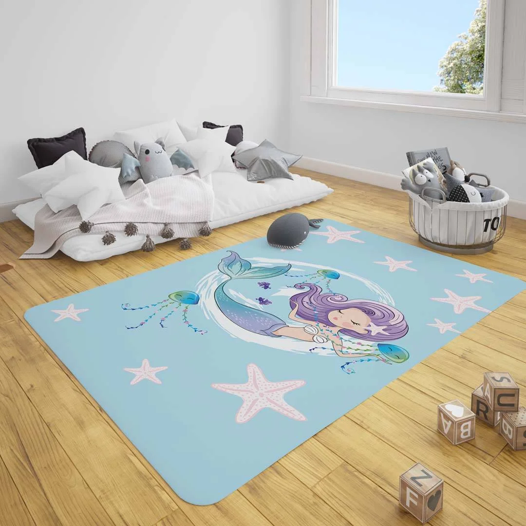 Deniz Kızı Çocuk Halısı | Açık Mavi Deniz yıldızı, deniz anası Desenli