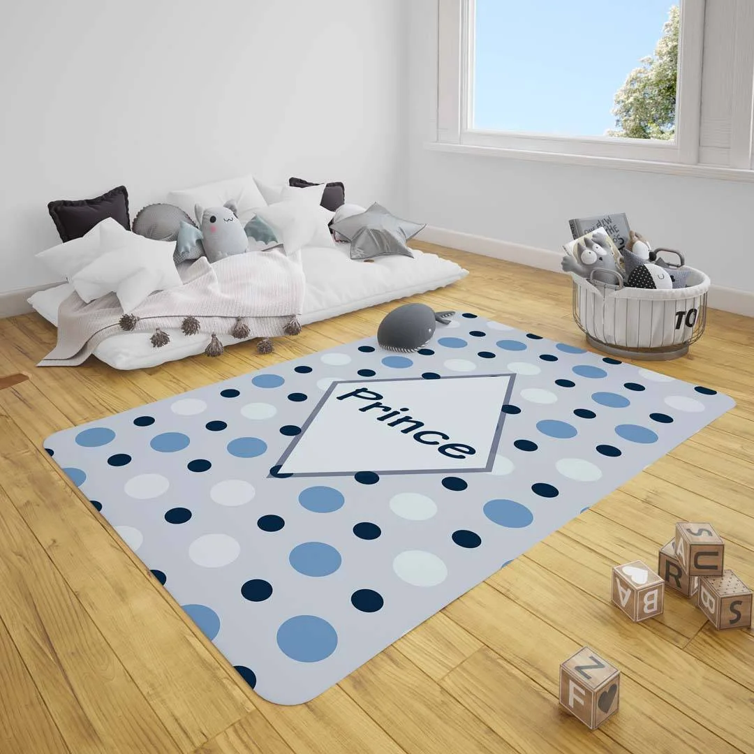 Prens Çocuk Halısı | Gri Mavi Puantiye, elmas çerçeve Desenli