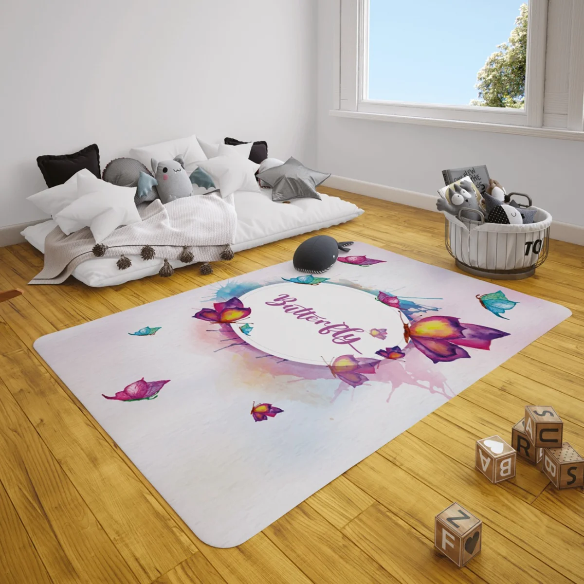 Kelebek Çocuk Halısı | Beyaz farklı renklerde kelebekler, sulu boya sıçramaları Desenli