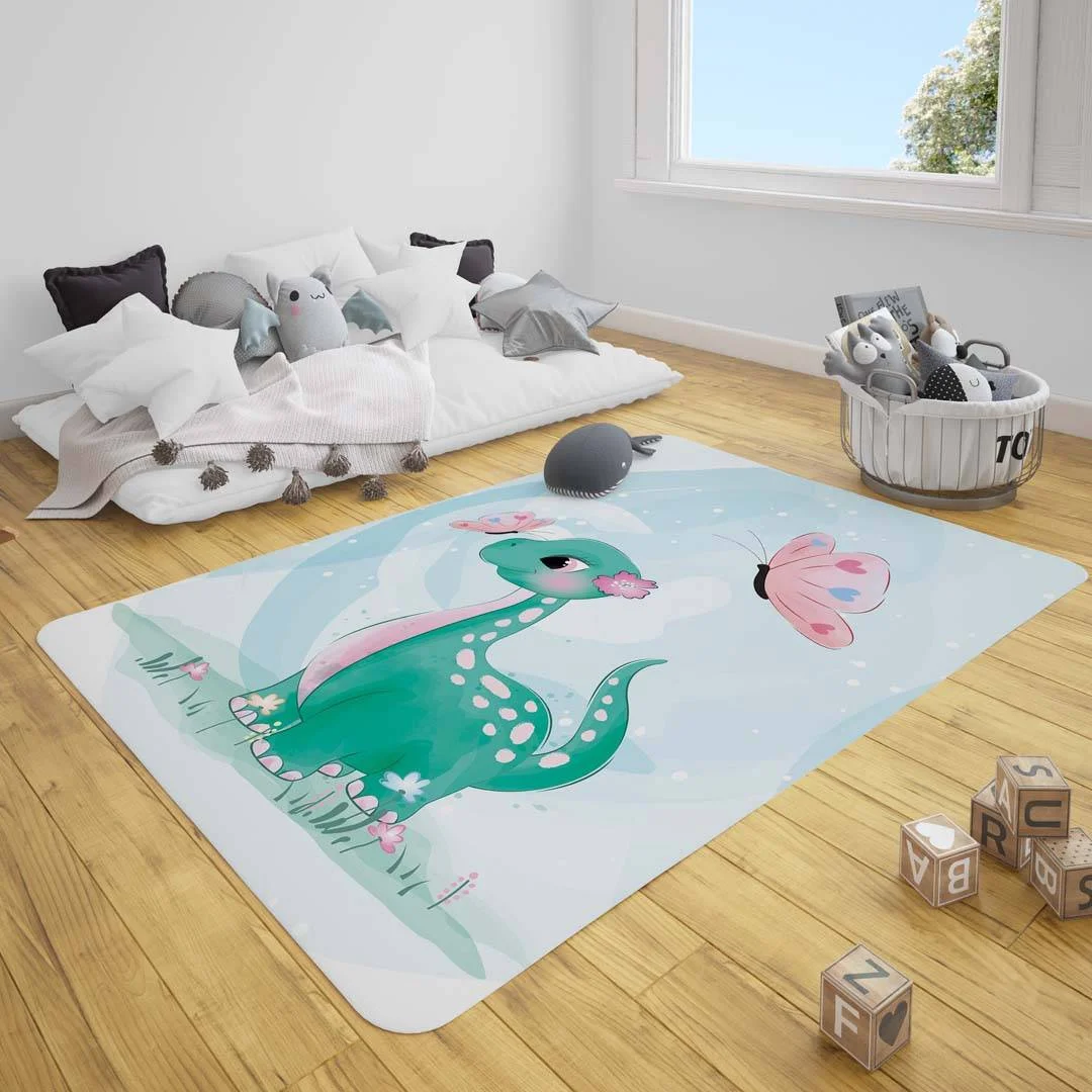 Dinozor Çocuk Halısı | Mavi kelebekler, çiçekler Desenli