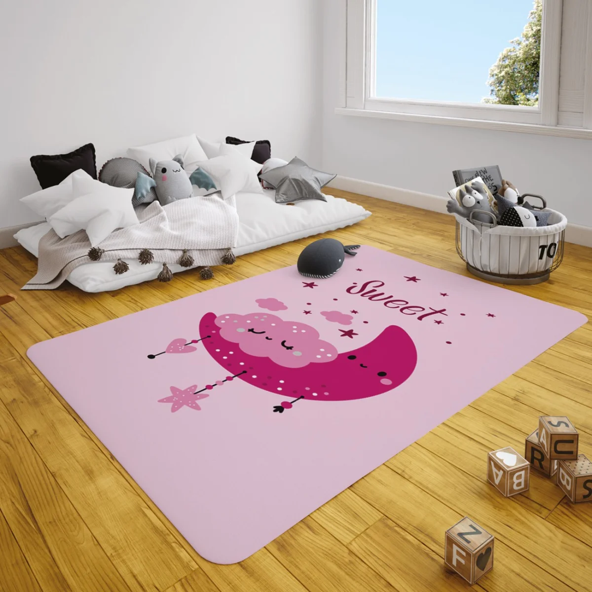 Ay ve Bulutlar Çocuk Halısı | Pembe yıldız, bulut Desenli