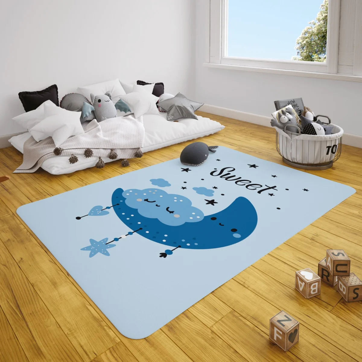 Ay ve bulutlar Çocuk Halısı | Mavi yıldız, bulut Desenli