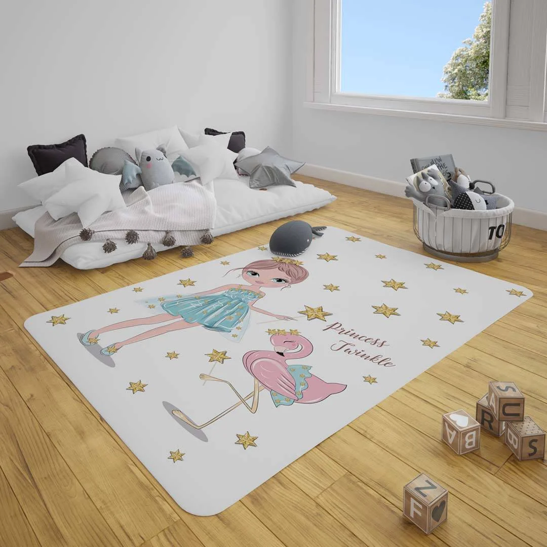 Prenses ve Flamingo Çocuk Halısı | Beyaz Yıldızlar, Princess Twinkle yazısı Desenli
