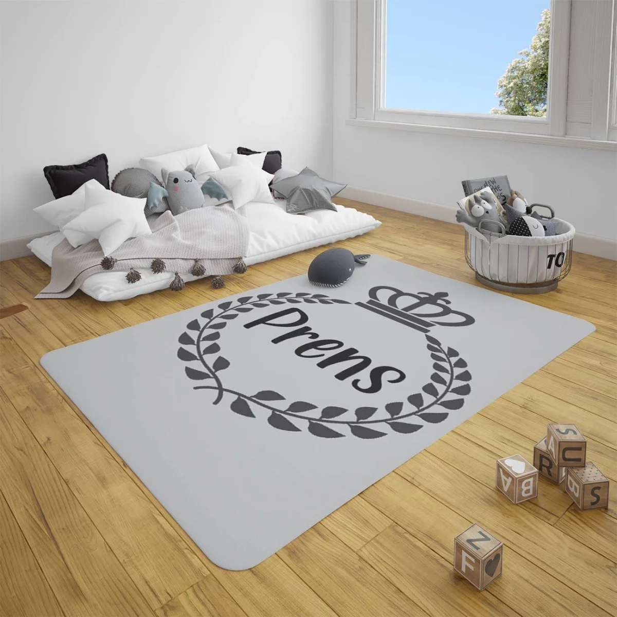 Kraliyet / Prens Çocuk Halısı | Açık Gri Taç, defne çelengi Desenli