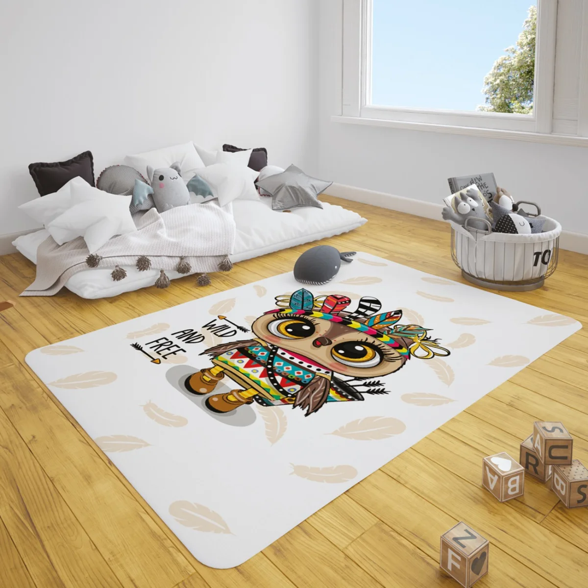 Yerli Baykuş Çocuk Halısı | Beyaz Tüy desenleri, Wild And Free yazısı Desenli