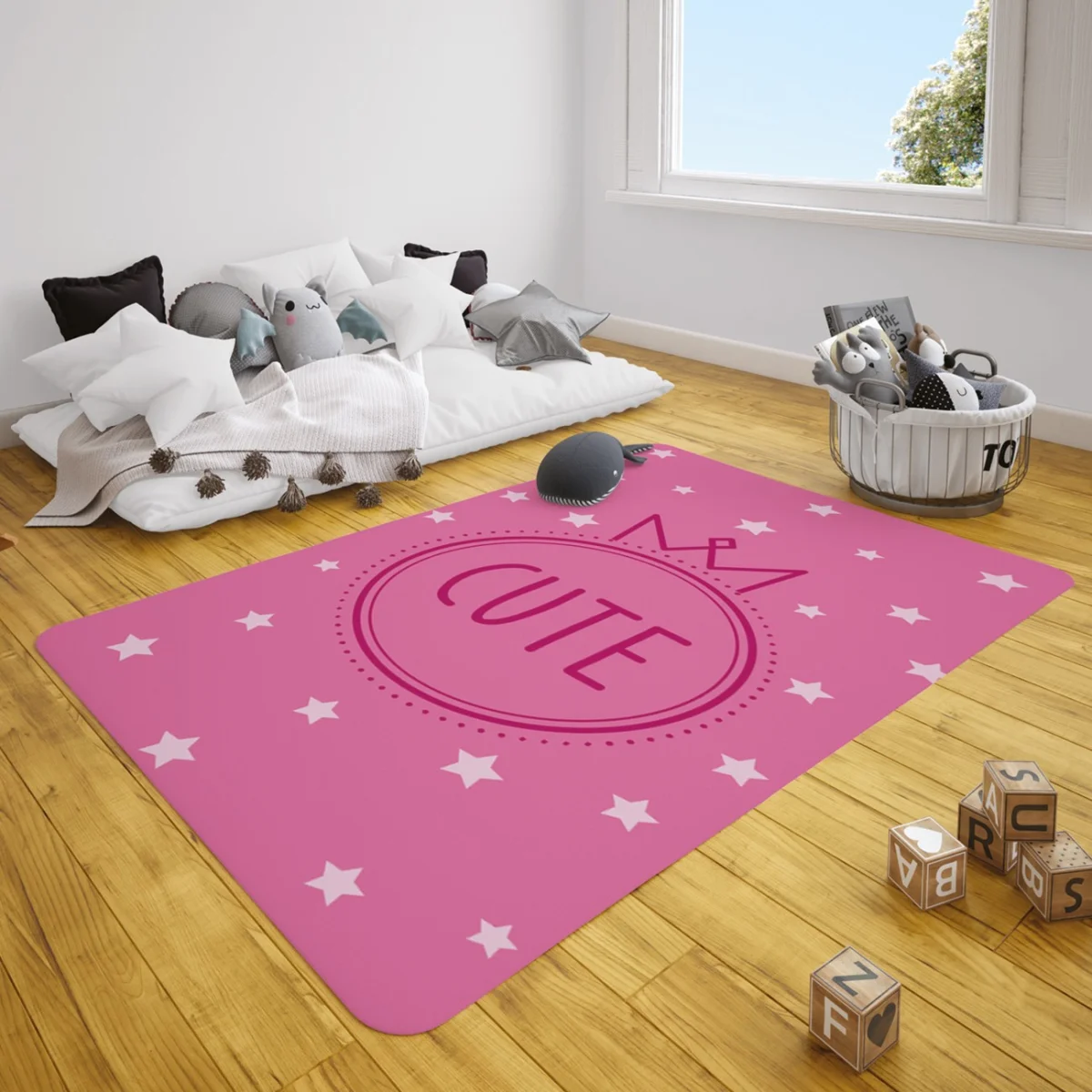 Prenses tacı Çocuk Halısı | Pembe yıldız, sevimli yazı Desenli