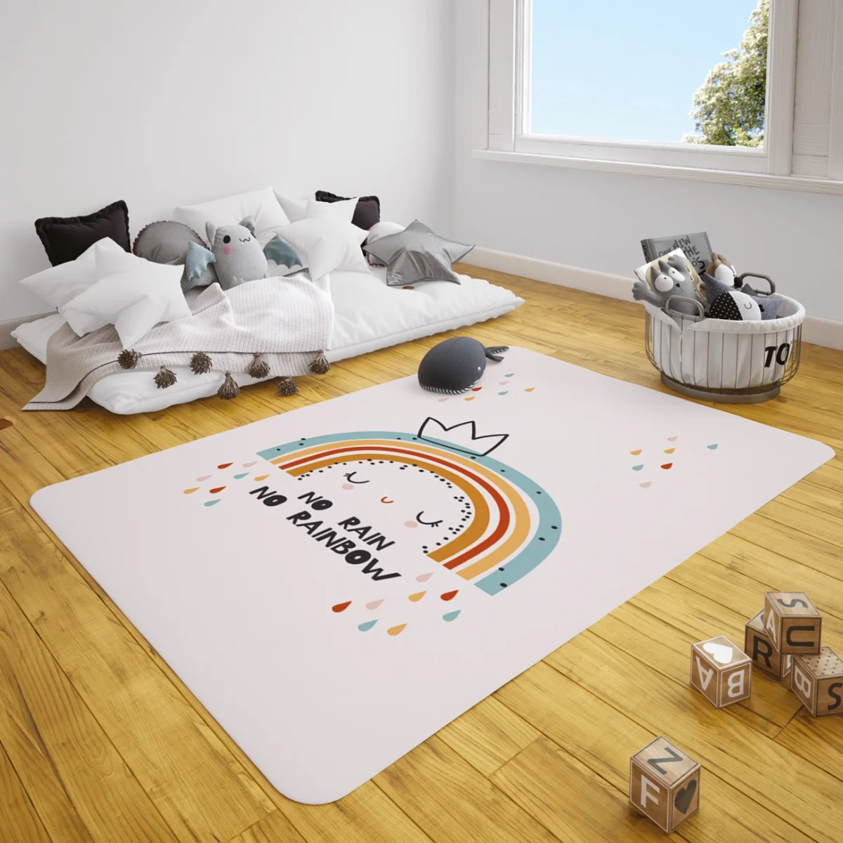 Gökkuşağı karakteri Çocuk Halısı | Beyaz Gökkuşağı, damla Desenli
