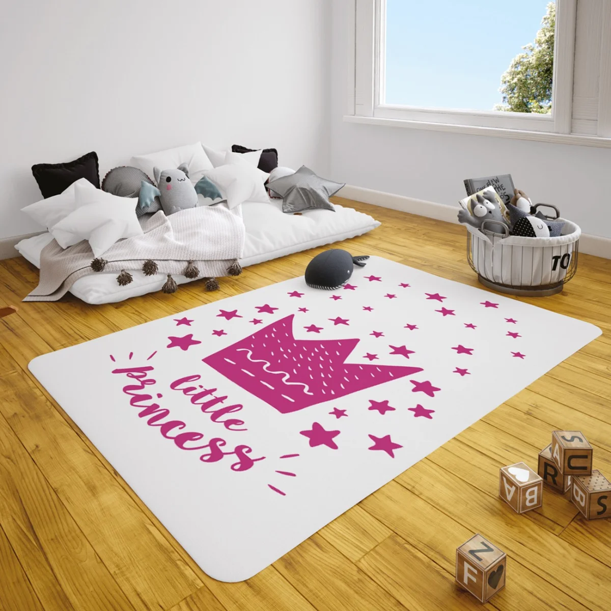 Prenses Çocuk Halısı | Beyaz Taç, yıldız Desenli