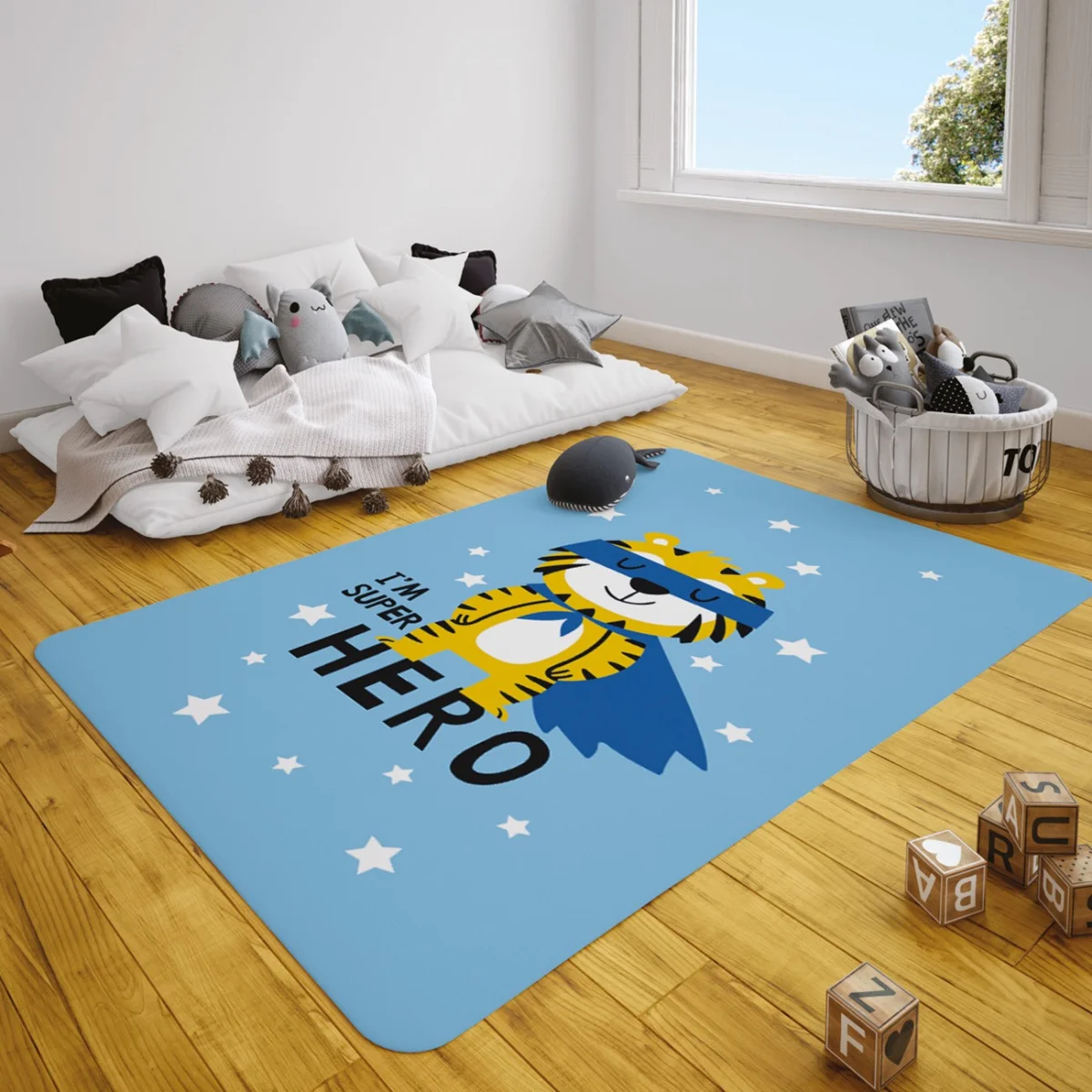 Süper Kahraman Kaplan Çocuk Halısı | Mavi yıldızlar, süper kahraman yazısı Desenli