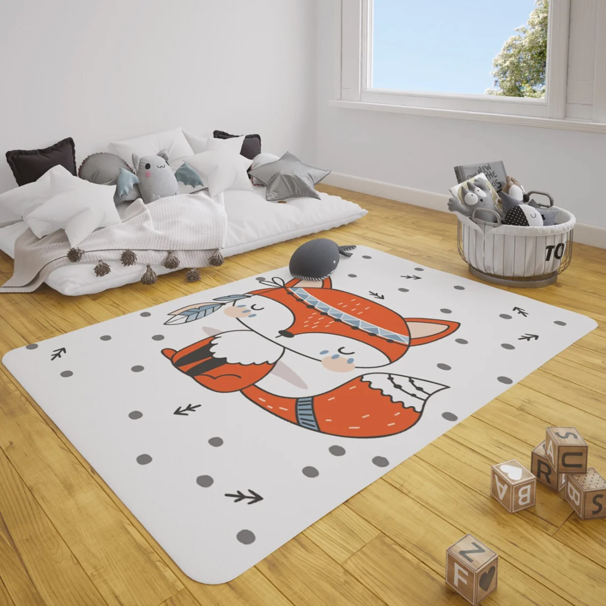 Tilki ve Orman Teması Çocuk Halısı | Beyaz minik oklar, gri puantiyeler Desenli
