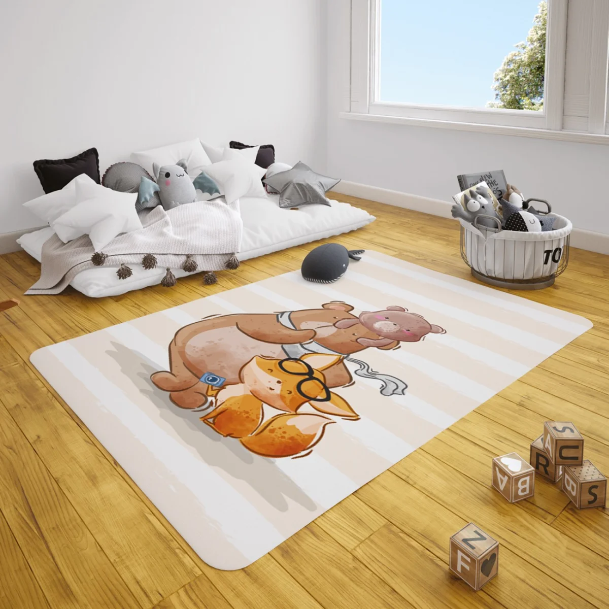 Orman Hayvanları Çocuk Halısı | Bej Çizgili zemin, gözlük Desenli