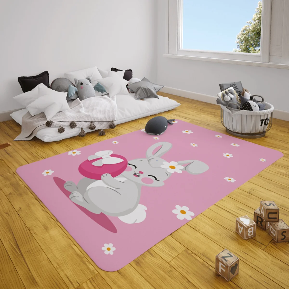 Tavşan Çocuk Halısı | Pembe Beyaz papatya çiçekleri, pembe yumurta Desenli