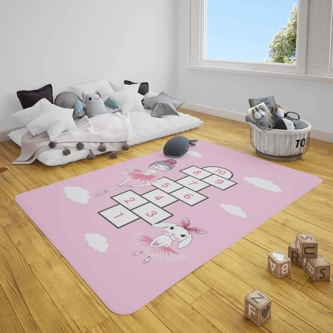 Balerin ve Tavşan Çocuk Halısı | Pembe bulut, sayı Desenli